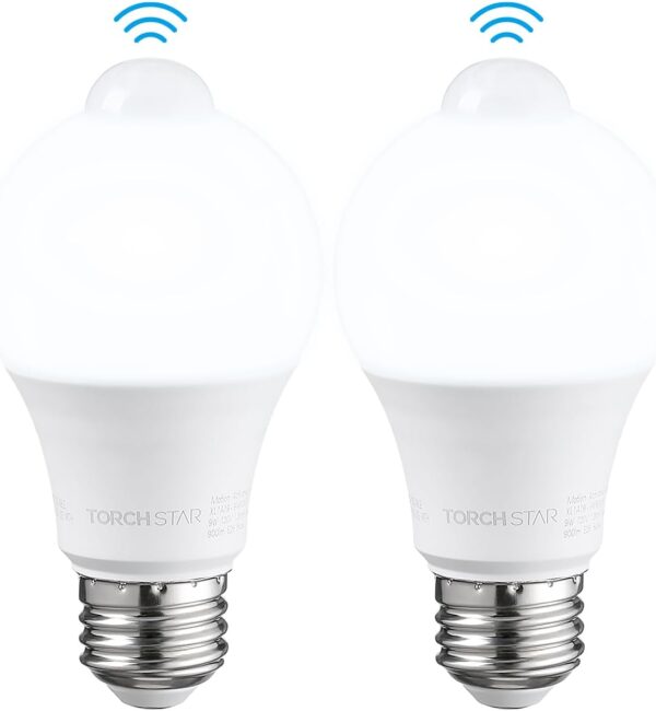 LED Motion Sensor Light Bulb, 9W (60W Eqv) 900LM, E26 Base, A19 Motion Activated LED Light Bulb for Laundry, Basement, Hallway, Closet, UL FCC DOE Listed, 6000K Pure White, Pack of 2 1