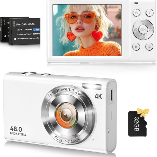 Digital Camera, 4K Vlogging Camera for YouTube Autofocus Cameras for Photography with 16X Digital Zoom, 48MP Compact Point and Shoot Digital Camera for Teens Adult with 32GB SD Card, 2 Batteries-White