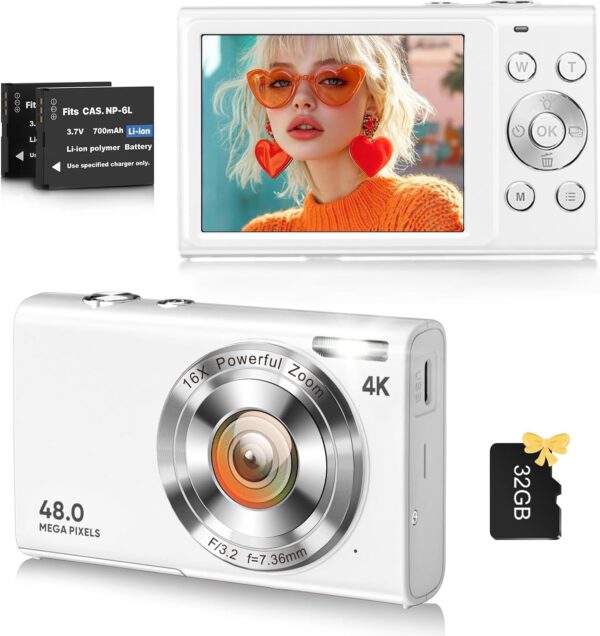 Digital Camera, 4K Vlogging Camera for YouTube Autofocus Cameras for Photography with 16X Digital Zoom, 48MP Compact Point and Shoot Digital Camera for Teens Adult with 32GB SD Card, 2 Batteries-White 1