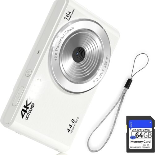 44MP FHD 4K Autofocus Kids Camera with 16x Zoom, Compact Point and Shoot Camera for Kids with 64GB SD Card, 2 Batteries, Simple Small Digicam for Teens (PureWhite)