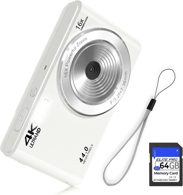 44MP FHD 4K Autofocus Kids Camera with 16x Zoom, Compact Point and Shoot Camera for Kids with 64GB SD Card, 2 Batteries, Simple Small Digicam for Teens (PureWhite) 1