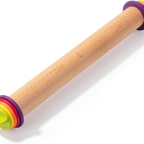 1 Adjustable Rolling Pin with Thickness Rings for Baking, 13.8", 4 Colorful Thickness Rings (2-10 mm or 1/16"-3/8"), Wood Rolling Pins for Baking, Bread, Pizza Doughs, Christmas Gifts