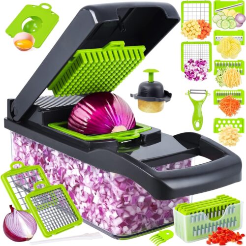 1 Vegetable Chopper, Pro Onion Chopper, 14 in 1Multifunctional Food Chopper, Kitchen Vegetable Slicer Dicer Cutter,Veggie Chopper With 8 Blades,Carrot and Garlic With Container (Gray) (Gray)