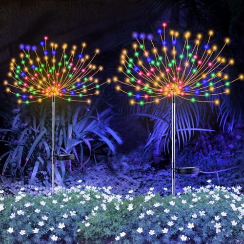 1 2 PCS Solar Firework Light, Outdoor Solar Garden Decorative Lights 120 LED Powered 40 Copper Wires String DIY Landscape Light for Pathway (Multi-Color)