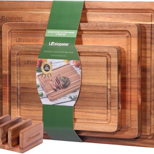 1 Acacia Wood Cutting Board,Solid Wood Cutting Board for Kitchen with Holder with Deep Juice Grooves & Built-in Handles, Durable Wooden Chopping Board Set of 3 for Meat, Vegetables and Fruits