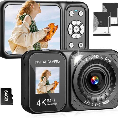 1 Digital Camera, 4K 64MP Dual Screens Camera, 18X Zoom, Point and Shoot Digital Camera with 64GB TF Card & 2 Batteries, Portable Rechargeable Small Camera for Kids Teens Adult, Black