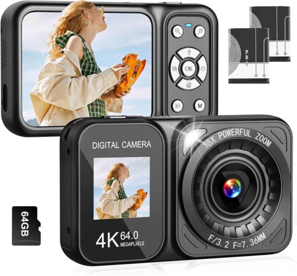 Digital Camera, 4K 64MP Dual Screens Camera, 18X Zoom, Point and Shoot Digital Camera with 64GB TF Card & 2 Batteries, Portable Rechargeable Small Camera for Kids Teens Adult, Black 1