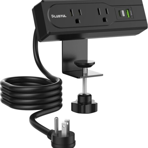 1 Desk Clamp Power Strip 6FT, Outlet Station with 2 Outlets, PD 20W Fast Charging, Flat Plug, 16 Gauge, Black with USB C, Fits 1.72" Tabletop Edge