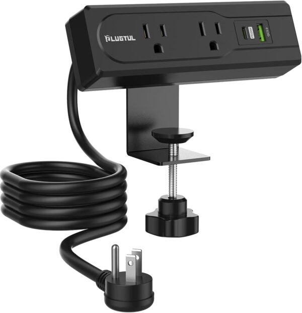 Desk Clamp Power Strip 6FT, Outlet Station with 2 Outlets, PD 20W Fast Charging, Flat Plug, 16 Gauge, Black with USB C, Fits 1.72" Tabletop Edge 1