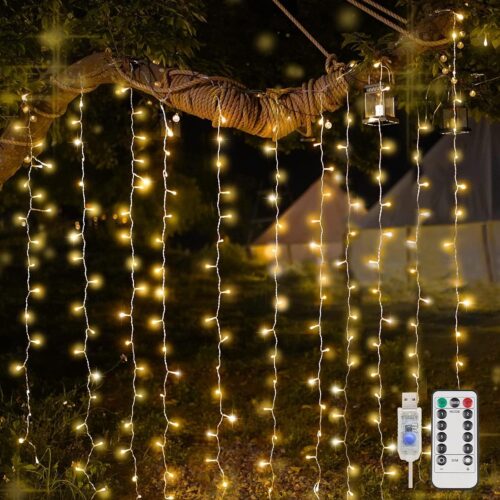 Curtain Lights for Bedroom, 200 Led Hanging String Light Outdoor, Fairy Curtain Lights Indoor for Christmas, Dorm, Wall, Backdrop, Window, Wedding, Party, Birthday Decor, Warm White