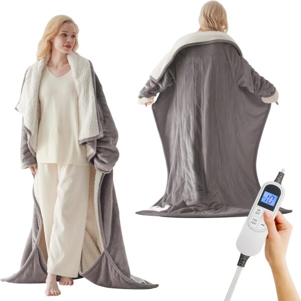 Electric Blanket Wearable with Foot Pockets & Sleeves, Electric Heated Snuggle Blanket, Flannel & Sherpa Heating Throw with 10 Heat Settings, 1-12 Hours Auto Shut-Off, 50"×70", Grey 1