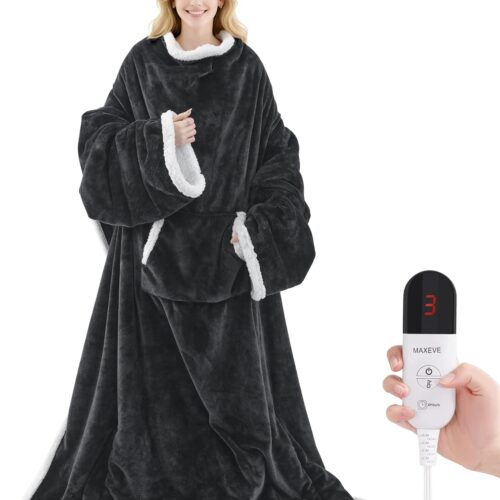 Heated Blanket Wearable Electric Blanket with Foot Pocket and Sleeves, Heating Throw Blanket, Electric Snuggle Blankets, 6 Heating Levels Setting & 4 Hours Auto Shut Off, Machine Washable (Long, Grey)