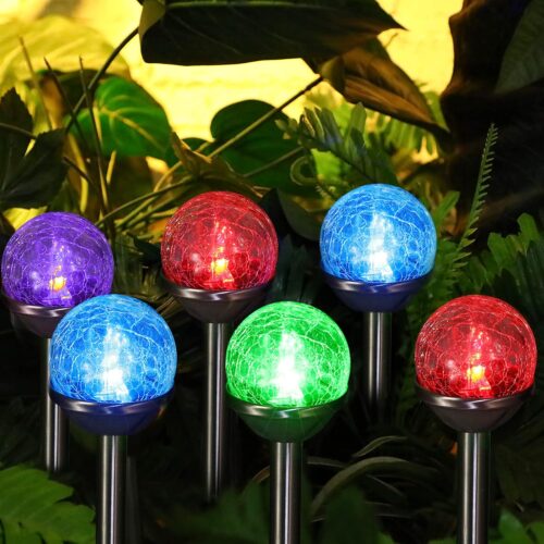 6 Pieces Crackle Glass Solar Lights LED Color Changing Outdoor Lawn Lights for Christmas Garden Decor Patio Pathway Lawn Yard Landscape