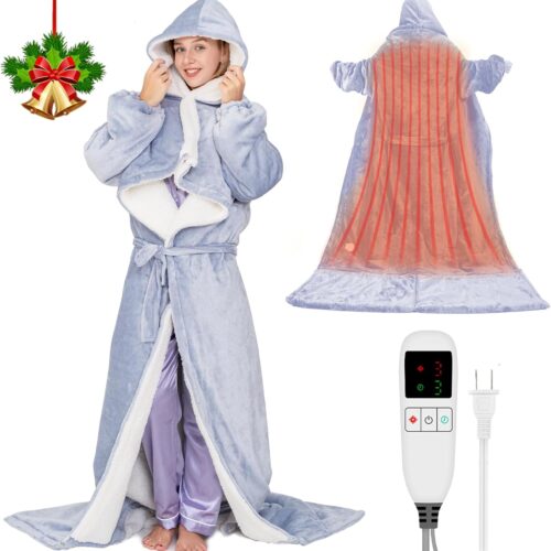 Electric Heated Blankets Hoodie for Women with Removable FootPocket,Wearable Heated Blanket Throw with Sleeves Heated Robe Flannel&Sherpa Heating Wrap Poncho Shawl with 9 Temp 50"x80"