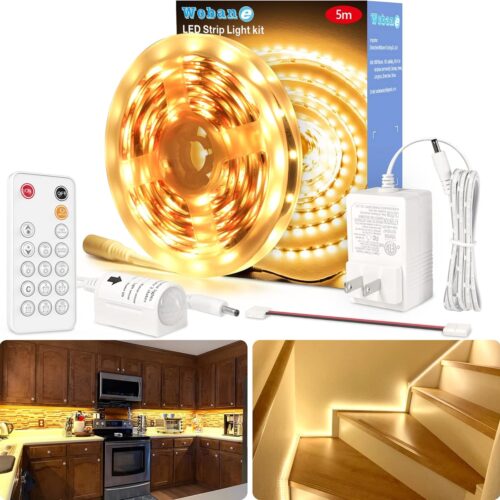 LED Strip Lights, Motion Sensor Light Strip with Remote and Adapter, Night Light, Dimmable Function, 16.4ft Tape Lighting for Kitchen, Under Cabinet, Bedroom, Shelf, Bed, 3000K Warm White