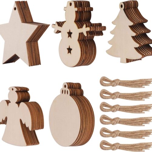 50 Pcs Unfinished Paintable Blank Wooden Christmas Festival Decoration Ornaments, Xmas Tree Hanging Wood Slices for Kids DIY Art Crafts, 5 Designs-Christmas Tree, Snowman, Stars, Angel, Round