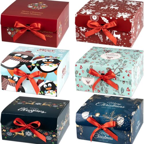 Christmas Gift Boxes with Lids, 6 Pack Gift Box and Red Ribbon Christmas Themed Pattern Small Gift Boxes for Xmas Presents Gifts Easy Assemble
