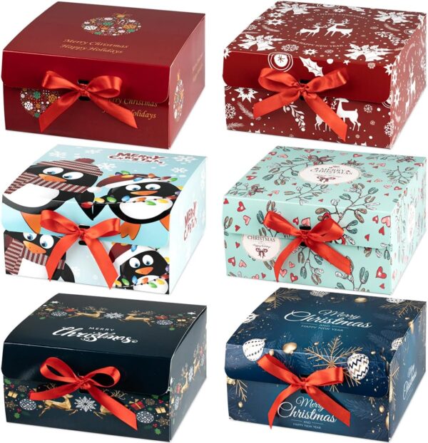 Christmas Gift Boxes with Lids, 6 Pack Gift Box and Red Ribbon Christmas Themed Pattern Small Gift Boxes for Xmas Presents Gifts Easy Assemble 1