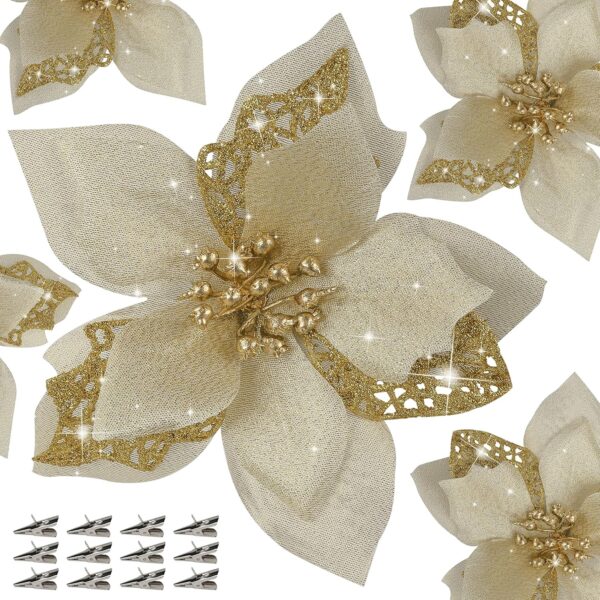 12 PCS Poinsettia Flower Artificial Poinsettia Christmas Decoration 5.9'' Gold Glitter Poinsettias Christmas Ornaments Xmas Tree Flower Decor with Clips DIY Xmas Wreath Holiday Home Party 1