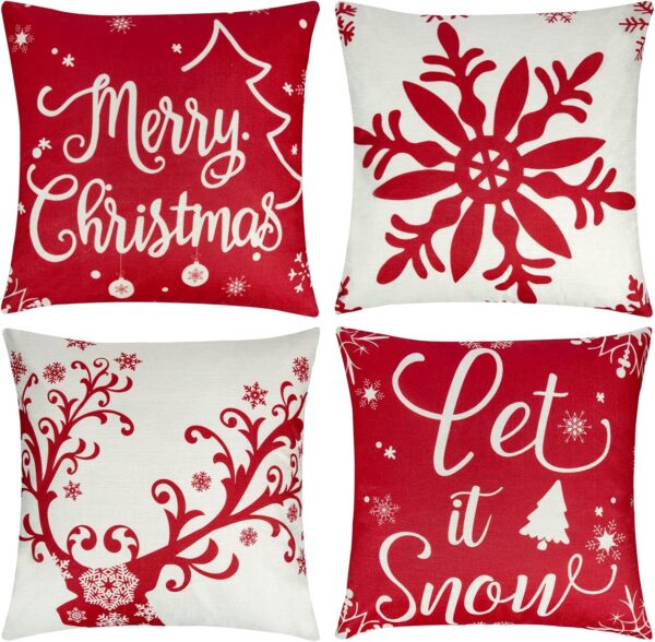 4Pcs Outdoor Christmas Pillows, Red Christmas Throw Pillows, Snowflakes Merry Christmas Let it Snow Deer Christmas Pillow Cases Holiday Pillow Covers 18x18 for Winter Home Decorations 1