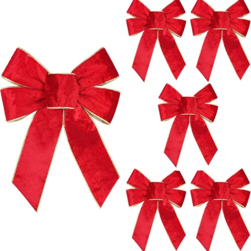 6PCS Red Christmas Velvet Bows, 12" x 9" Christmas Wreath Bow with Golden Edged, Christmas Tree Decor Indoor Outdoor Xmas Decoration for Home Party Tree (6pcs-red, 12 x 9 Inch)