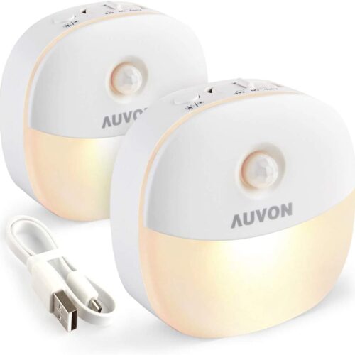 Rechargeable Battery Night Light, Mini with Motion Sensor, Warm White LED Stick-On Closet Light with Dusk to Dawn Sensor, Adjustable Brightness for Wall, Stairs, Hallway, Cabinet (2 Pack)