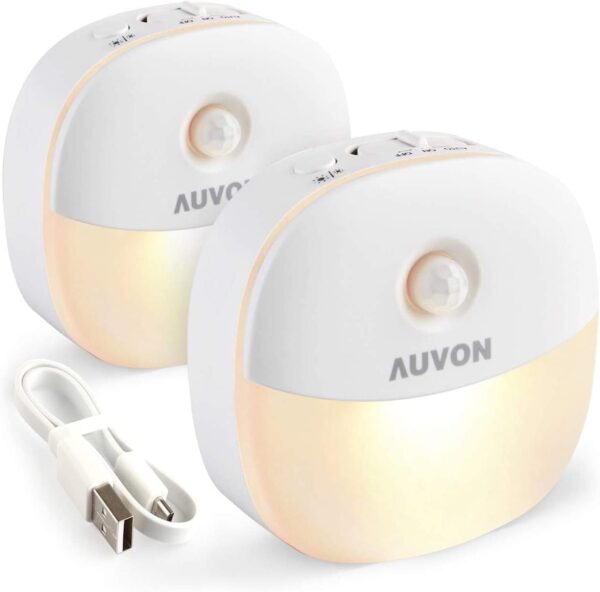 Rechargeable Battery Night Light, Mini with Motion Sensor, Warm White LED Stick-On Closet Light with Dusk to Dawn Sensor, Adjustable Brightness for Wall, Stairs, Hallway, Cabinet (2 Pack) 1