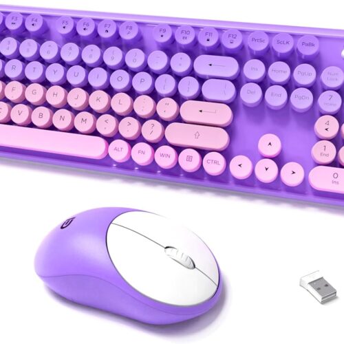 Wireless Keyboard and Mouse Combo, 2.4 GHz Wireless Full-Sized Typewriter Keyboard with Round Keycaps for Windows, Computer, Desktop, PC, Laptop (Purple)