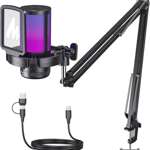 Gaming USB Microphone, Noise Cancellation Condenser Mic with Mute, Gain, Monitoring, Boom Arm Mic for Streaming, Podcast, Twitch, YouTube, Discord, PC, Computer, PS4, PS5, Mac, GamerWave DGM20S