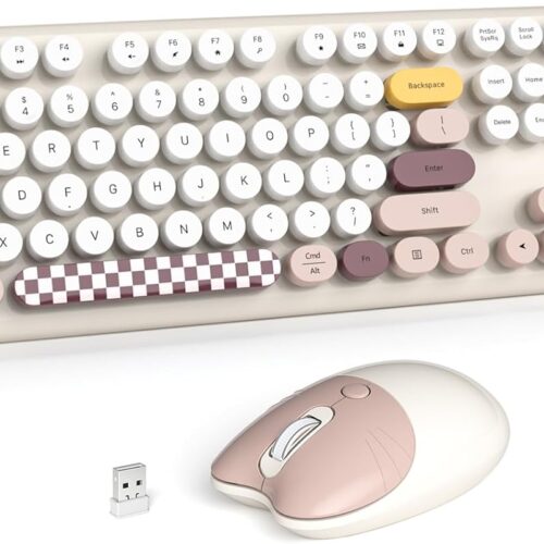 Wireless Keyboard and Mouse Combo for Windows, MOWUX 2.4G Full-Sized External Cordless Computer Keyboard, Compact Mouse, 8 Multimedia and Shortcut Keys, for PC, Laptop - Off White Colorful