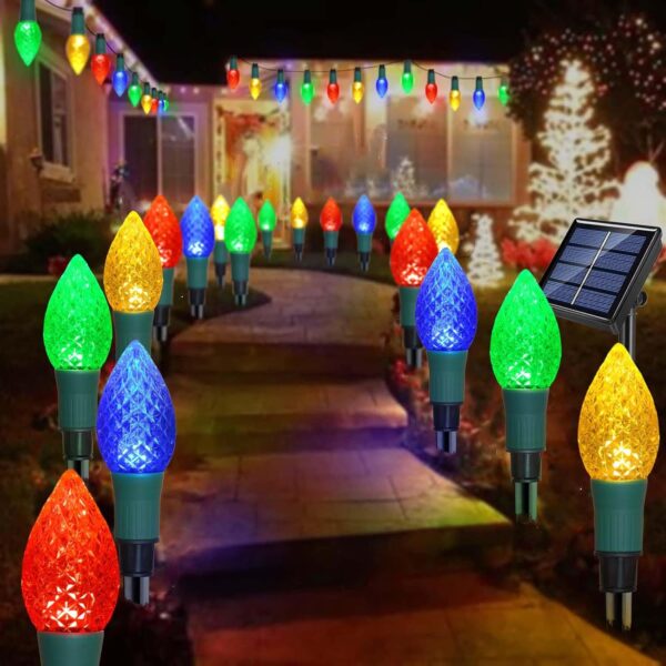 Newest Version 2 in 1 Outdoor Christmas Decorations and Solar Christmas Lights, 20-Pack Waterproof Solar C9 Strawberry Garden Stake Lights for Christmas Tree Garden Patio Yard Pathway 1