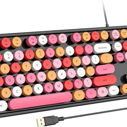 1 USB Wired Computer Keyboard - Retro Typewriter Keyboard - Full Size Office Keyboard with Number Pad, Caps Indicators, Foldable Stands, for PC Laptop Desktop Windows (Black Colorful)