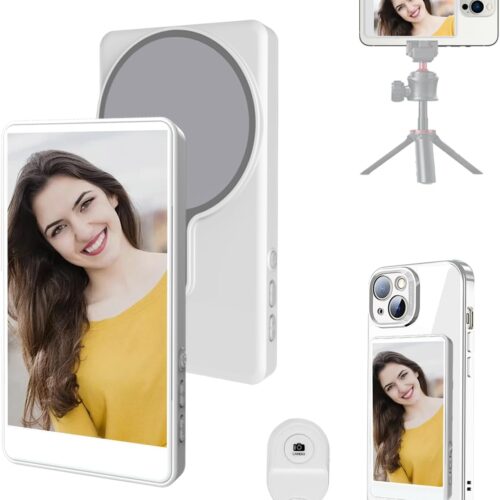 1 Phone Vlog Selfie Monitor Screen, Magnetic Vlog Selfie Monitor Screen with Remote Control, Wireless Back Camera Monitor for Vlog Live Stream TikTok YouTube, Compatible with iPhone & Android (White)