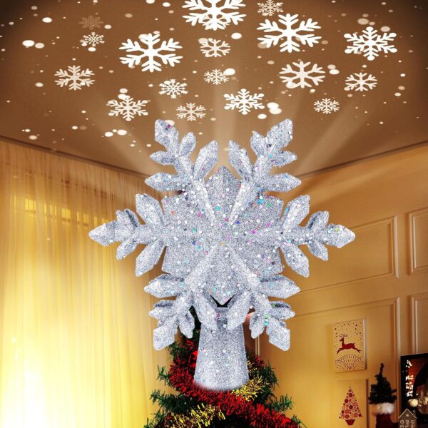Christmas Tree Topper Lighted with Built-in Led Rotating Snowflake Projector Lights, 9.6” Hollowed Tree Topper with Silver Spangles Plug In for Indoor Home Xmas New Year Party Holiday Night Tree Decor 1