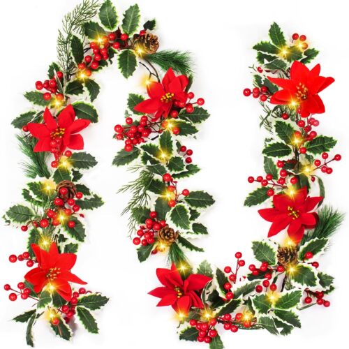 1 Christmas Garland with 50 Lights-6.5Ft Garland Christmas Decorations indoor 8 Mode Per-Lit Poinsettia Holly Christmas Garlands Red Berries,Pine Cone Battery Operated Garland for Mantel Stair Fireplace