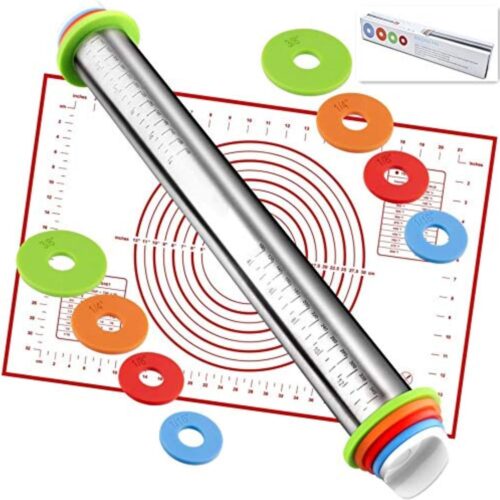 1 Rolling Pin with Adjustable Thickness Rings and Silicone Baking Pastry Mat Set for Baking,Stainless Steel Dough Roller,Baking Supplies for Cookie Fondant Pizza Cake Pasta