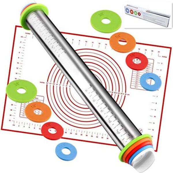 Rolling Pin with Adjustable Thickness Rings and Silicone Baking Pastry Mat Set for Baking,Stainless Steel Dough Roller,Baking Supplies for Cookie Fondant Pizza Cake Pasta 1
