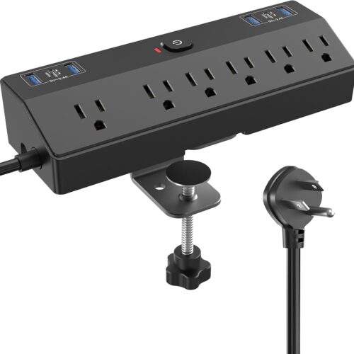 1 Desk Clamp Power Strip with 40W Fast Charging Station, JXGUCAT Removable Flat Plug Desk Mount Power Strip Surge Protector, 10FT Extension Cord with 2 USB-C Ports 6 Outlets, Fits 1.8" Tabletop Edge