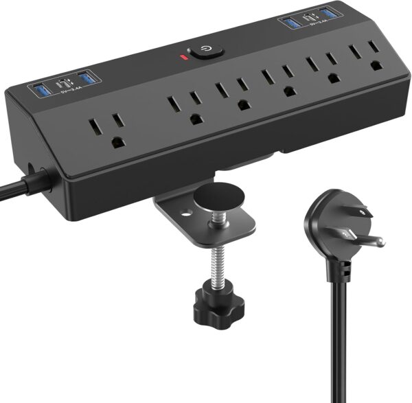 Desk Clamp Power Strip with 40W Fast Charging Station, JXGUCAT Removable Flat Plug Desk Mount Power Strip Surge Protector, 10FT Extension Cord with 2 USB-C Ports 6 Outlets, Fits 1.8" Tabletop Edge 1