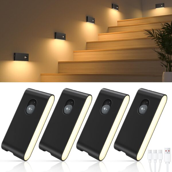 WILLED Motion Sensor Night Lights, Wireless Stair Lights Indoor, Battery Rechargeable Night Lights for Stairway, Hallway, Kitchen, Closet, Cabinet, Bedroom, Kids' Room(4-Pack) 1