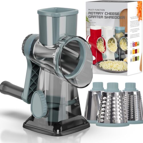 1 Cheese Grater Cheese Shredder with 3 Interchangeable Blades, Rotary Cheese Grater Manual Vegetable Slicer with Non-slip Suction Base Peanut Nuts Grinder Vegetable Shredder Clear