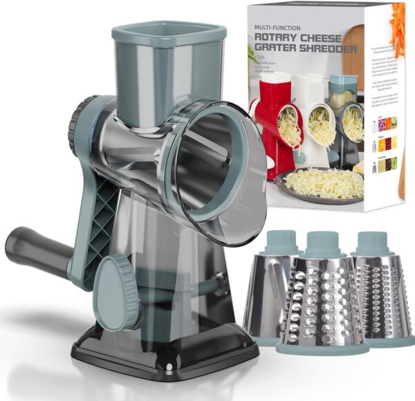 Cheese Grater Cheese Shredder with 3 Interchangeable Blades, Rotary Cheese Grater Manual Vegetable Slicer with Non-slip Suction Base Peanut Nuts Grinder Vegetable Shredder Clear 1