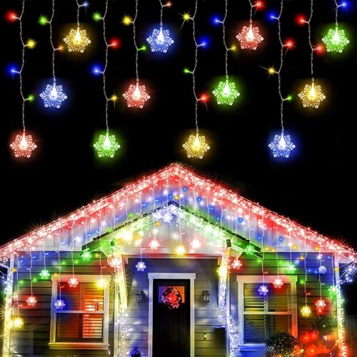 weillsnow 360 LED Icicle Christmas Lights with Snowflake, 29.5ft 72 Drops Connectable 8 Modes Waterproof Icicle Light Outdoor for Curtain, Eaves, Window, Christmas Decorations (Multi-Colored)