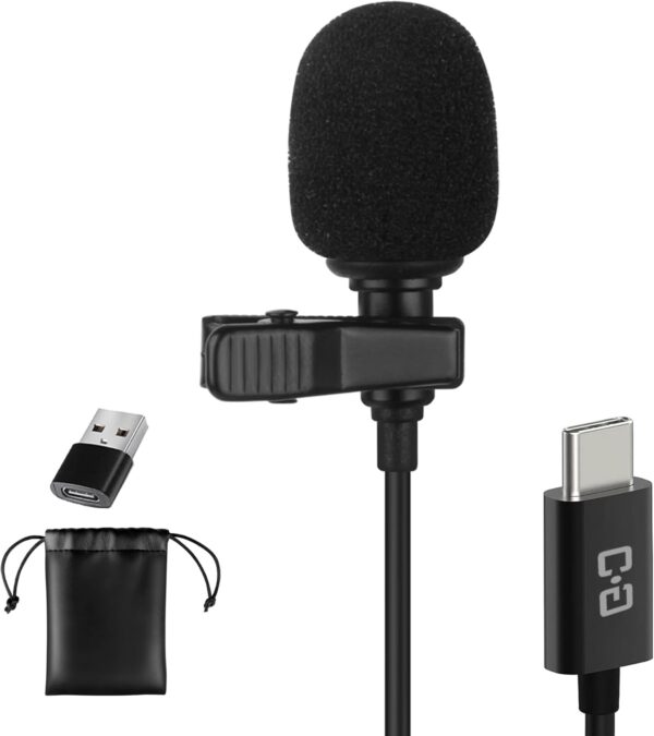 USB C Lavalier Microphone, Omni Condenser Clip-on Mic for iPhone 17/16/15, Samsung, Google, Oneplus, with USB-A for Computer & Laptop, 6.6FT, External Lapel Mic for Youtube, Interview & Podcast 1