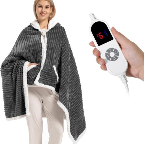 Electric Blanket Heated Throw, Soft Flannel & Sherpa Wearable Heated Blanket Hoodie, Heated Shawl Wraps for Gift with 6 Heating Levels & 12H Auto Off, ETL Certified, Home Office, 40x70 Inch, Dark Grey