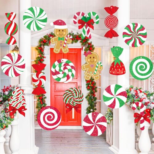 GuassLee Candy Gingerbread Christmas Outdoor Decorations - 18pcs Large Hanging Candy Cane Gingerbread Man Lollipop Decor for Outdoor Yard Porch Christmas Tree Decorations