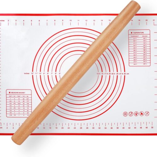 Wood French Rolling Pin for Baking, QUELLANCE Wooden Dough Roller with Silicone Baking Mat, Beech Wood Rolling Pins for Baking Dough, Pizza, Pie, Pastries, Pasta and Cookies,Red Pastry Mat