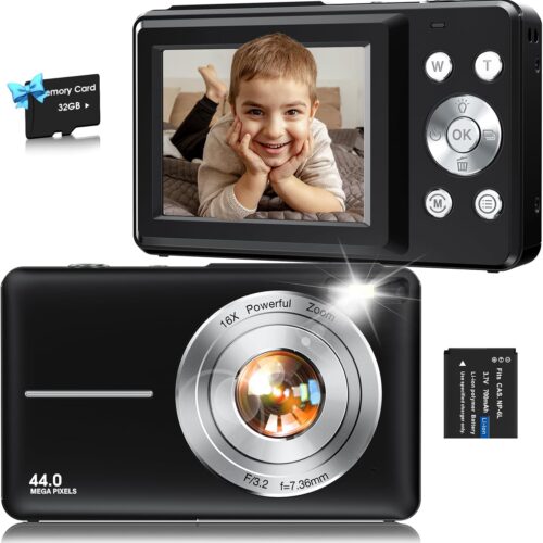 Digital Camera,FHD 1080P Kids Camera 44MP Point and Shoot Digital Cameras with 32GB Card,16X Zoom,Anti-Shake,Date Stamp,Compact Small Cameras Photography for Kids Student Teen Girl Boy(Black)