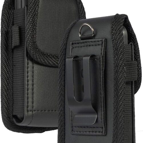Flip Phone Case, Nakedcellphone Black Vegan Leather Vertical Pouch [with Belt Loop, Metal Clip, Magnetic Closure] for Alcatel Go FlipV, MyFlip, TCL Flip3, Blu Cingular Flex 2, Nokia 2720 2760 2780