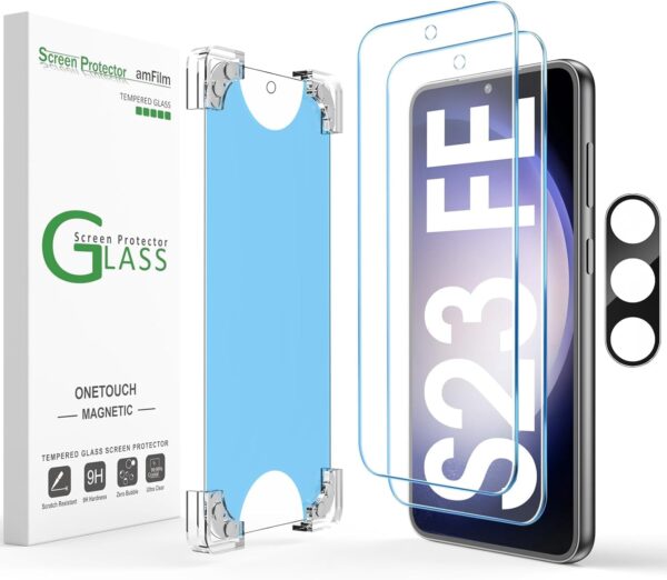 amFiIm Magnetic Auto-alignment OneTouch Tempered Glass Screen Protector + Camera Lens Protector for Samsung Galaxy S23 FE 6.4", Full Coverage Fingerprint ID Compatible Easy Installation(Reusable) 1